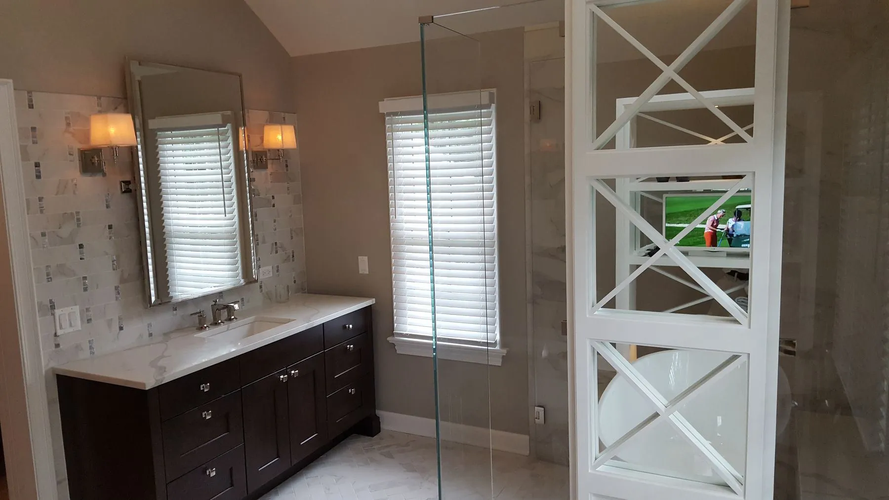 Vanity and mirror beside the storage tower