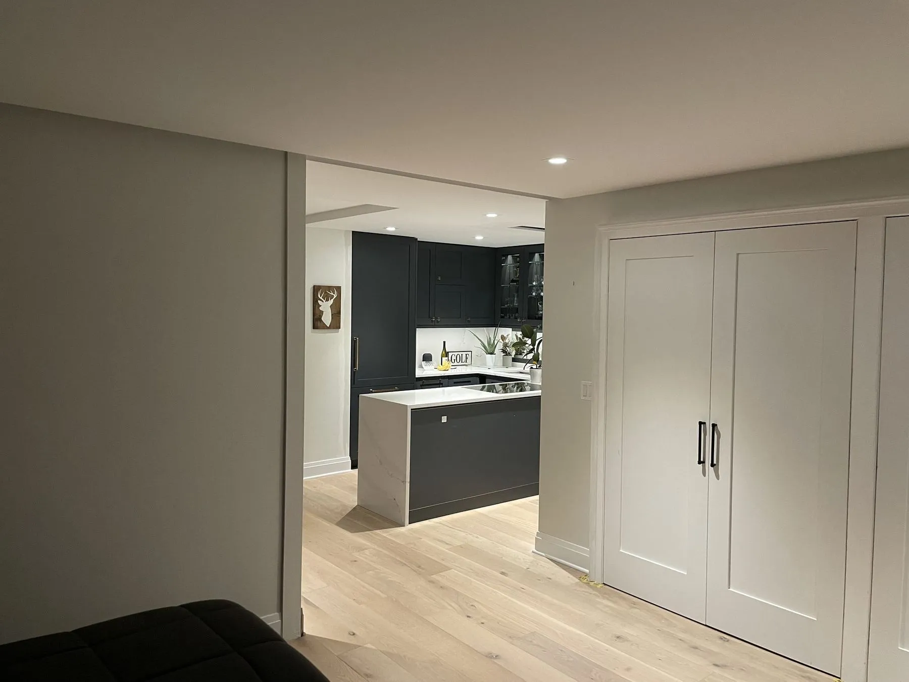 Built-in closets beside the navy kitchen